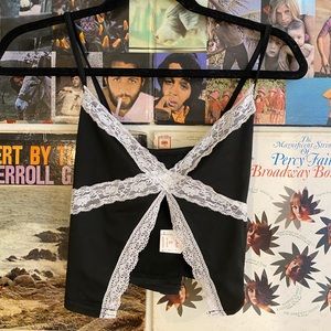 black crop top with white lace